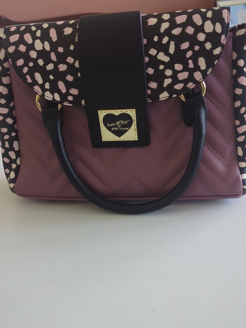 Luv Betsey By Betsey Johnson Mauve Satchel with Black Handles and Patterned Flap